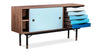 Kardiel 1955 Color Theory Mid-Century Modern Sideboard Credenza, Walnut/Blue Drawers