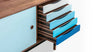 Kardiel 1955 Color Theory Mid-Century Modern Sideboard Credenza, Walnut/Blue Drawers