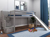 Jackpot Low Loft Twin Bed with 3 Drawer Stairway and Slide, Gray